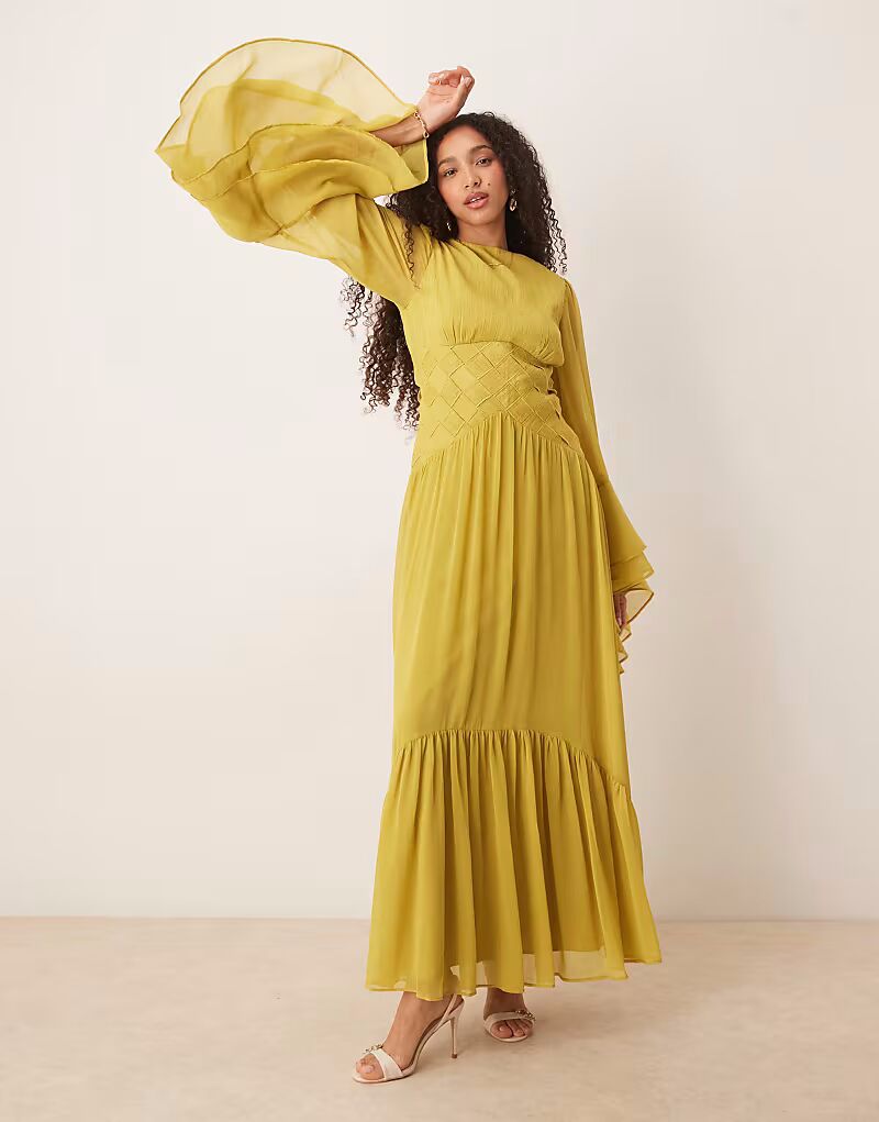 

Длинное шифоновое платье-макси ASOS DESIGN с вышивкой крестиком на талии нежно-оливкового цвета