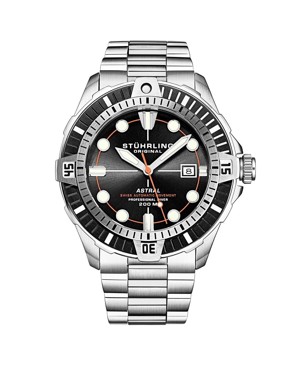 

Мужские часы Aquadiver, серебристая нержавеющая сталь, черный циферблат, круглые часы 45 мм Stuhrling