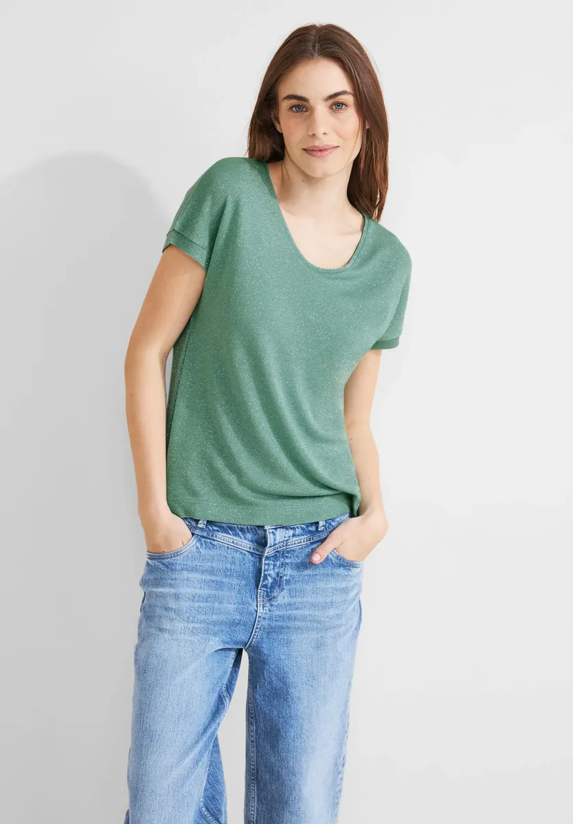 

Вязаный топ STREET ONE "LTD QR V-Neck блестящая рубашка" с глубоким круглым вырезом, цвет Cloudy Aqua