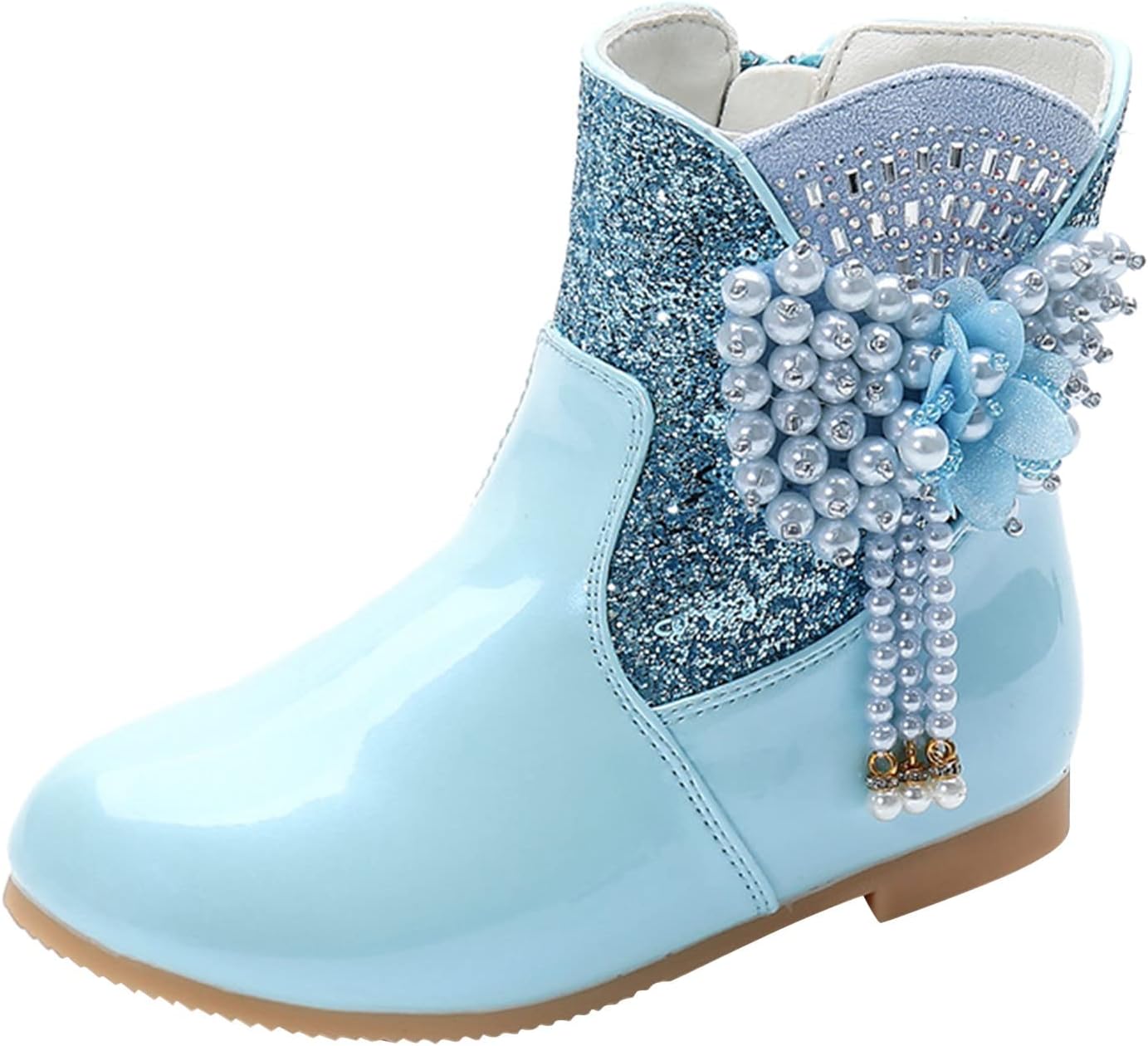 

Generic Детские ботильоны для девочек с боковой молнией, низким стойким каблуком, стиль «принцесса», из искусственной кожи и замши, с мягкой подкладкой, теплые, с заостренным носком (синие, 6-7 лет)