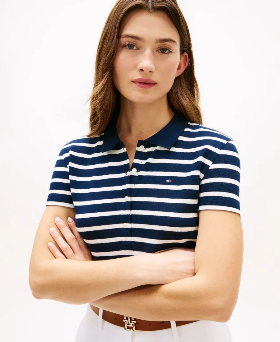 Классическая женская футболка-поло с коротким рукавом из пике Tommy Hilfiger, темно-night темно-синий/экрю stripe — фото 3