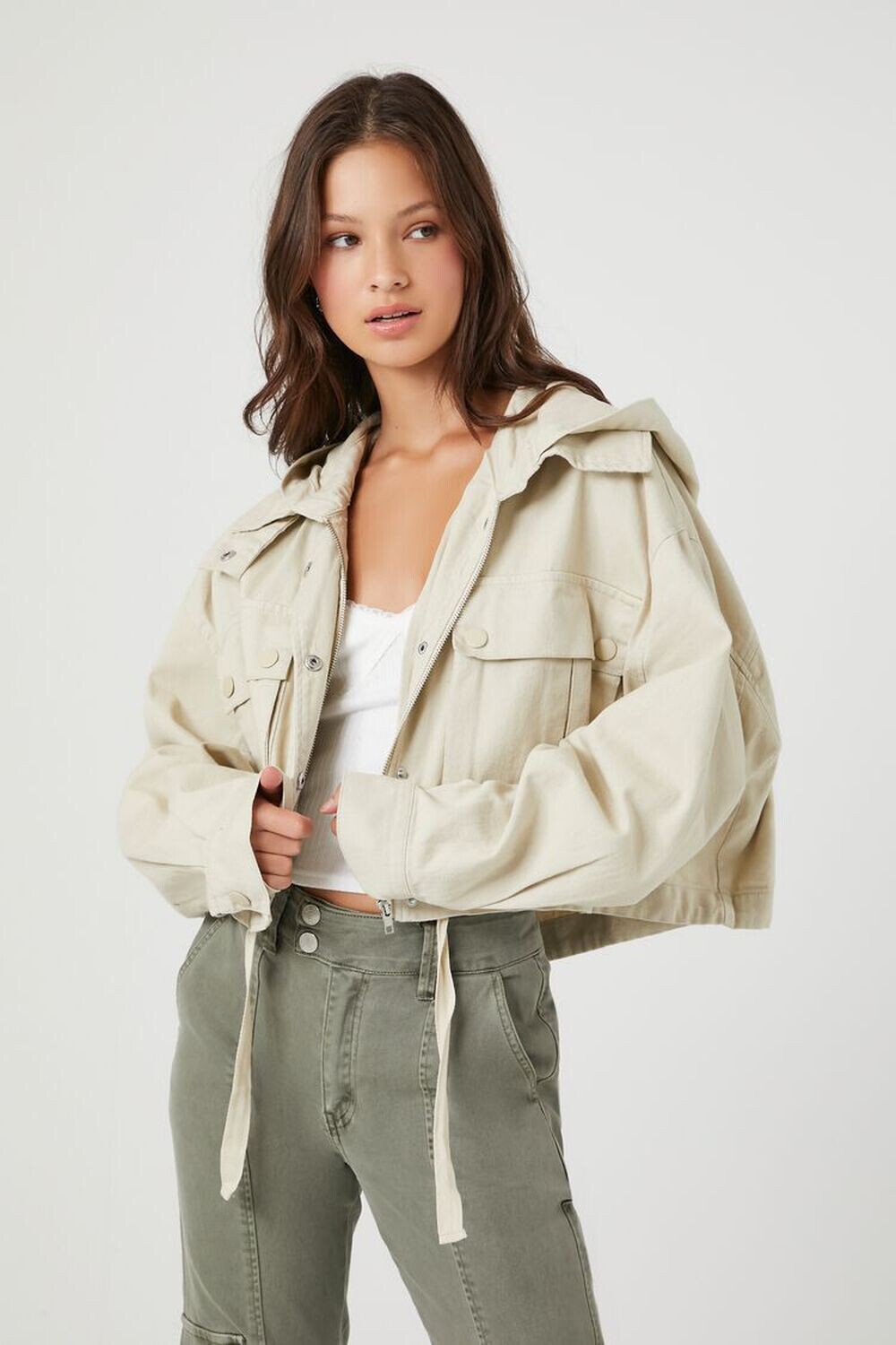 

Саржевая куртка с капюшоном и кулиской Forever 21, коричневый