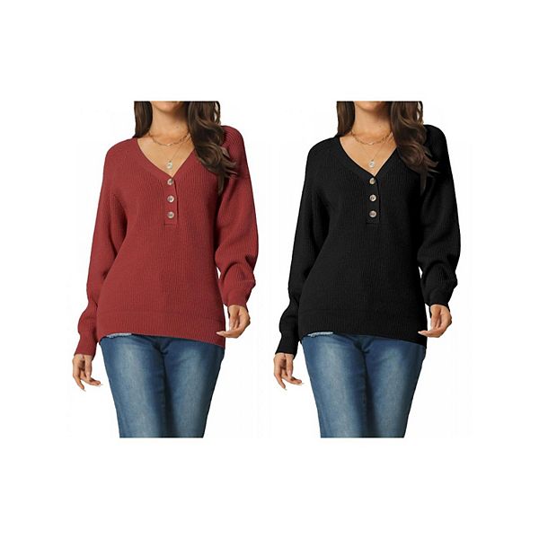 

2 упаковки женского джемпера с длинным рукавом и v-образным вырезом Inspire Chic, Wine Red Black