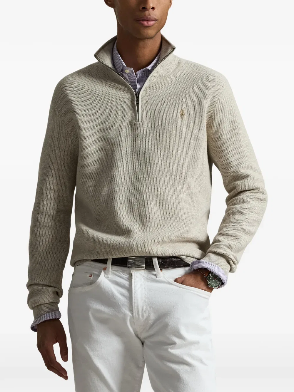 Свитер из сетчатой вязки с застежкой-молнией на четверть длины Polo Ralph Lauren, нейтральный — фото 3