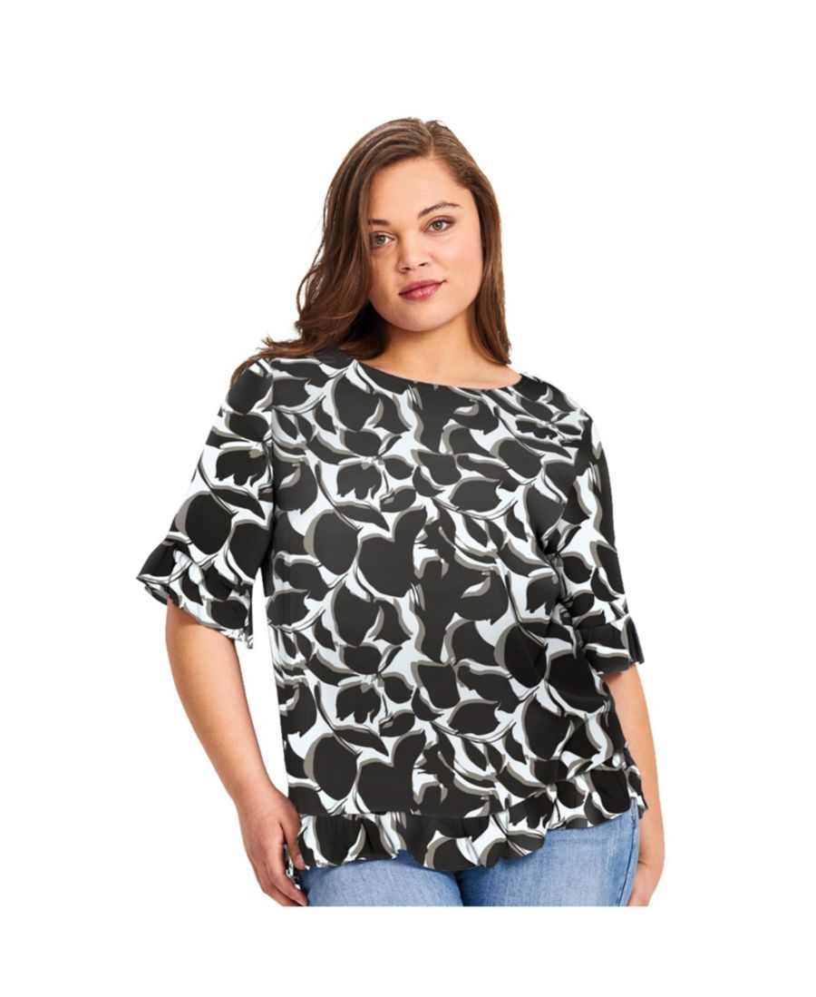 

Женская блузка больших размеров с круглым вырезом и оборками по низу AVENUE, Black graphic floral