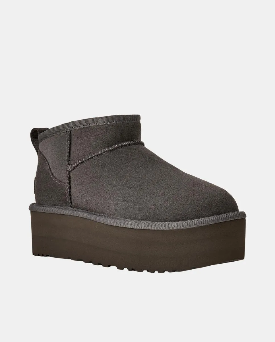 Ботильоны на платформе CLASSIC ULTRA MINI для женщин из кожи с меховой подкладкой UGG, серый — фото 2