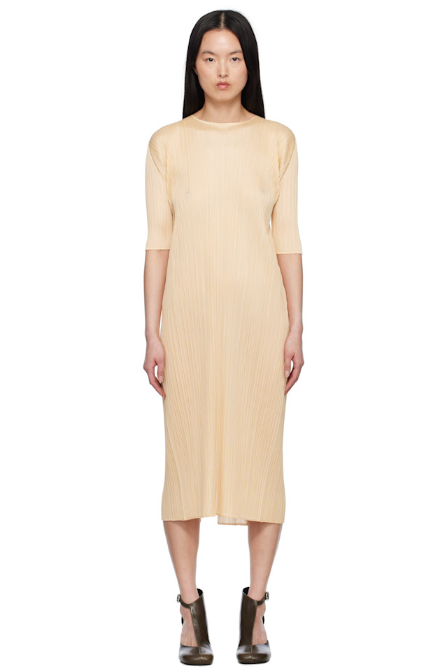 

Веселое биколорное платье миди Pleats Please Issey Miyake, бежевый