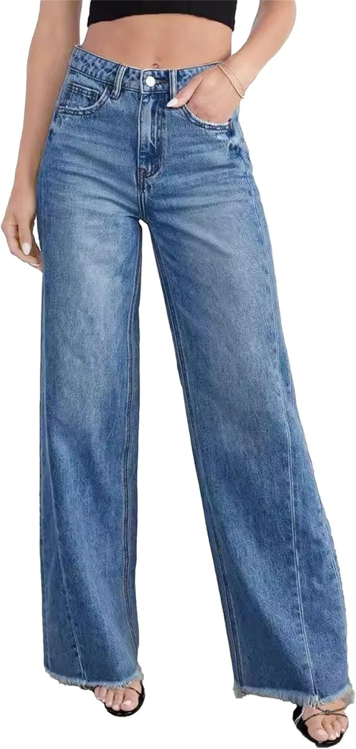 Джинсы женские Trendy Wide Leg Casual High Waisted Strechy Raw Hem