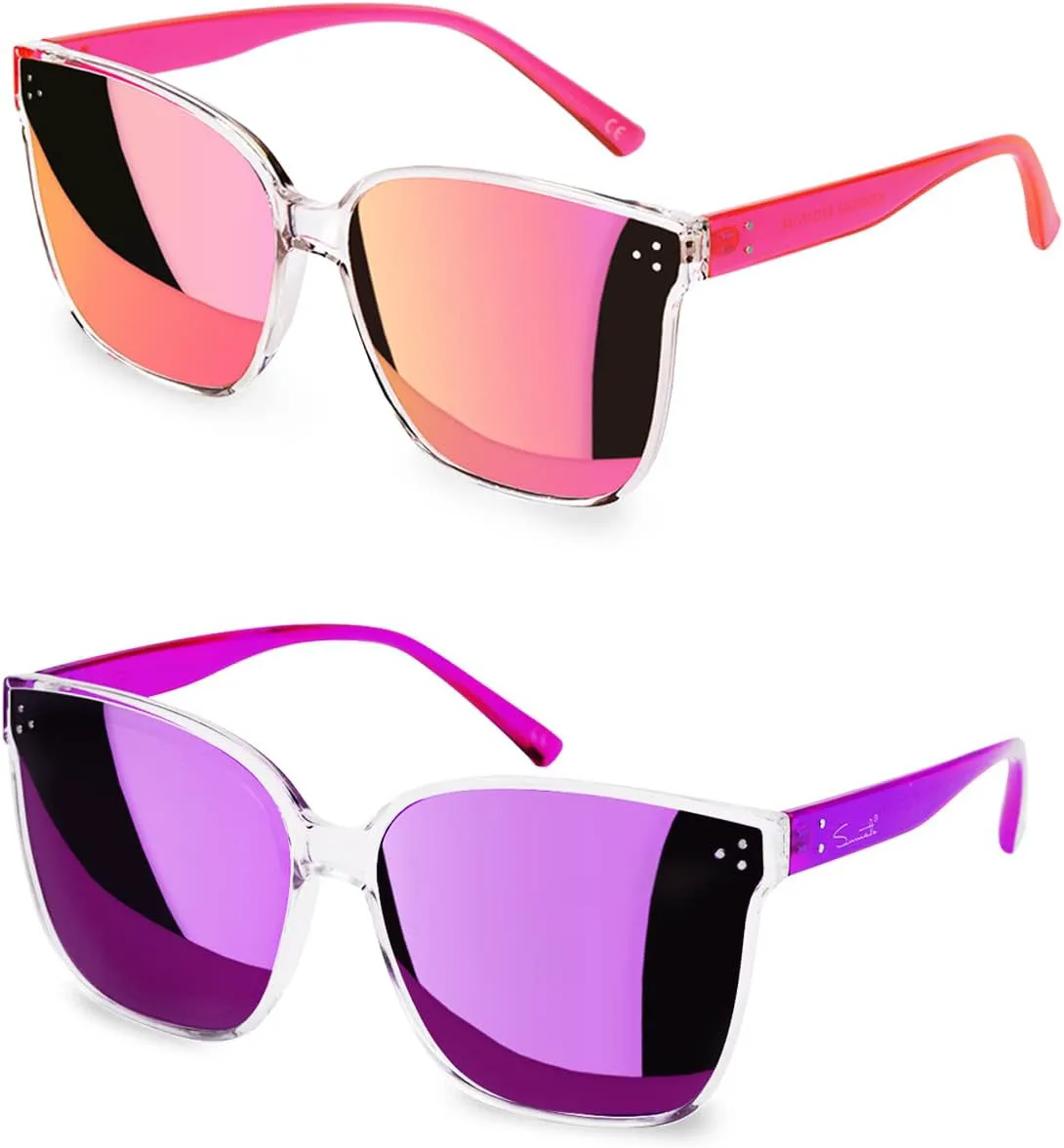 

Женские солнцезащитные очки Sumato, большие розовые солнцезащитные очки для женщин с модными зеркальными линзами, блокирующими УФ-излучение UV400, Pink+purple