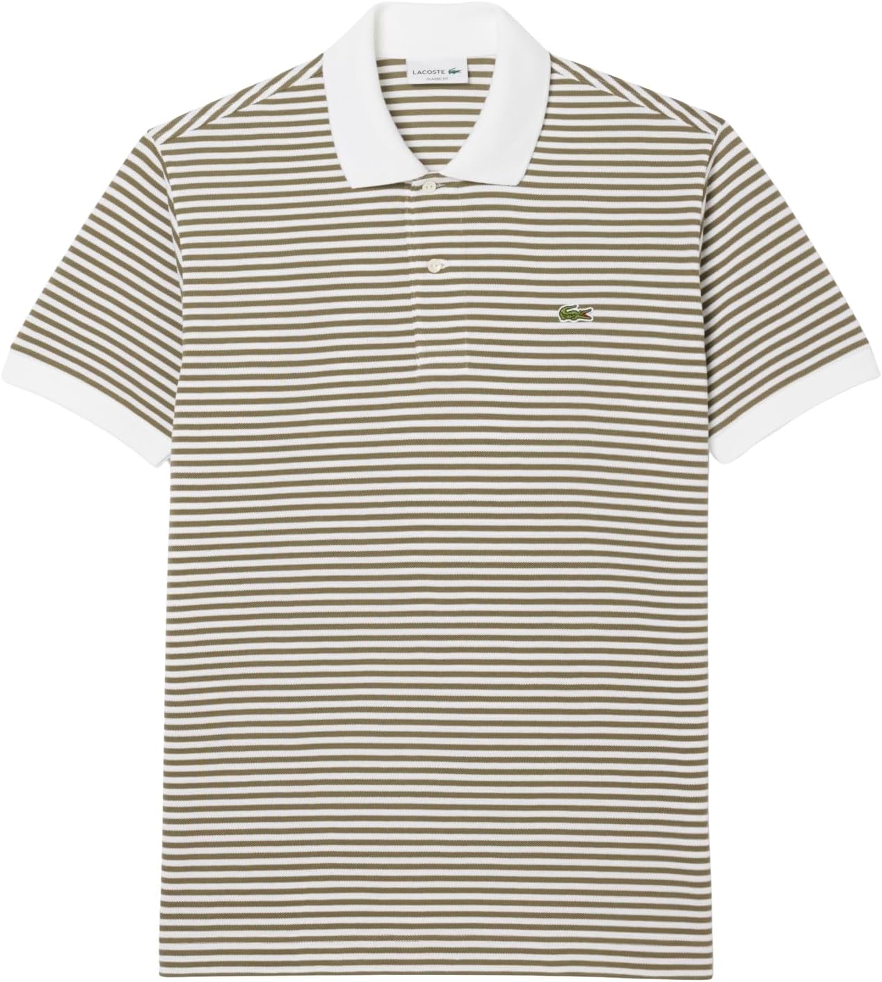 Lacoste мужская классическая футболка-поло L.12.12 в полоску petit piqué, White/Olive — фото 4