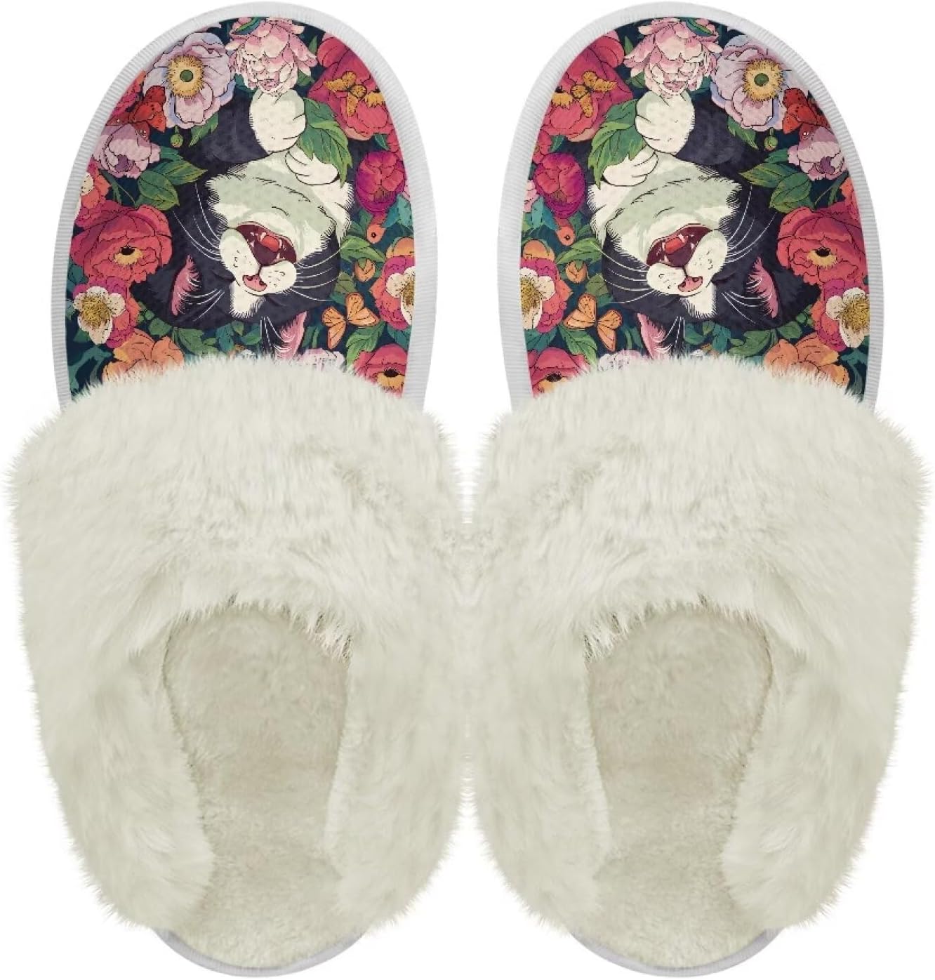 

Хлопковые тапочки PJHEQOXE с пушистыми краями, домашние тапочки для дома и улицы, хлопковые тапочки унисекс, Flowers Cat