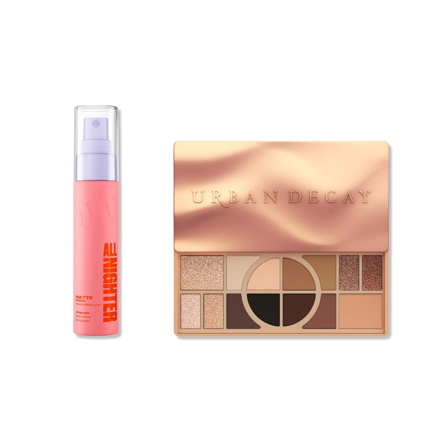 Urban Decay Naked Shaped Warm Palette и Matte Setting Spray Travel Bundle - универсальные нейтральные оттенки и All Nighter Waterproof Setting Spray (30 мл) для стойкого макияжа