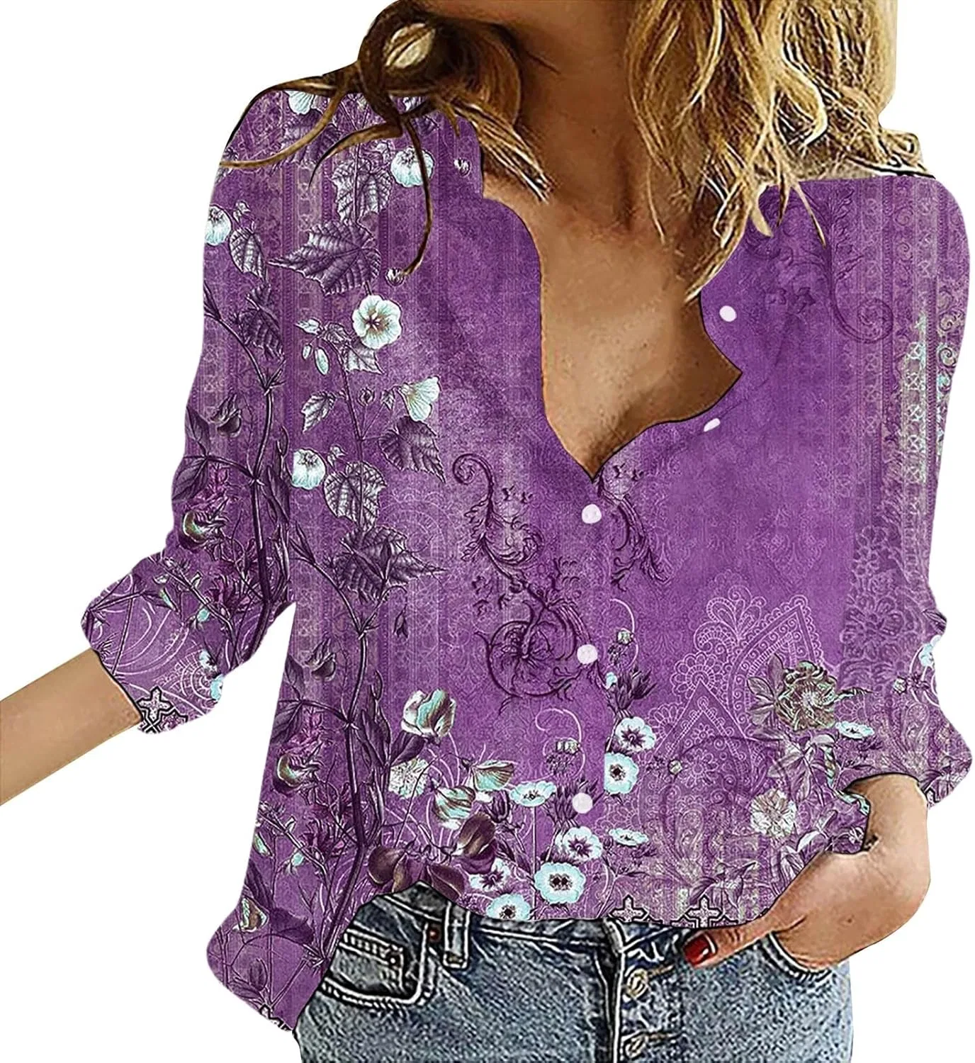 Блуза женская с V-образным вырезом и длинным рукавом Button Down, фиолетовый
