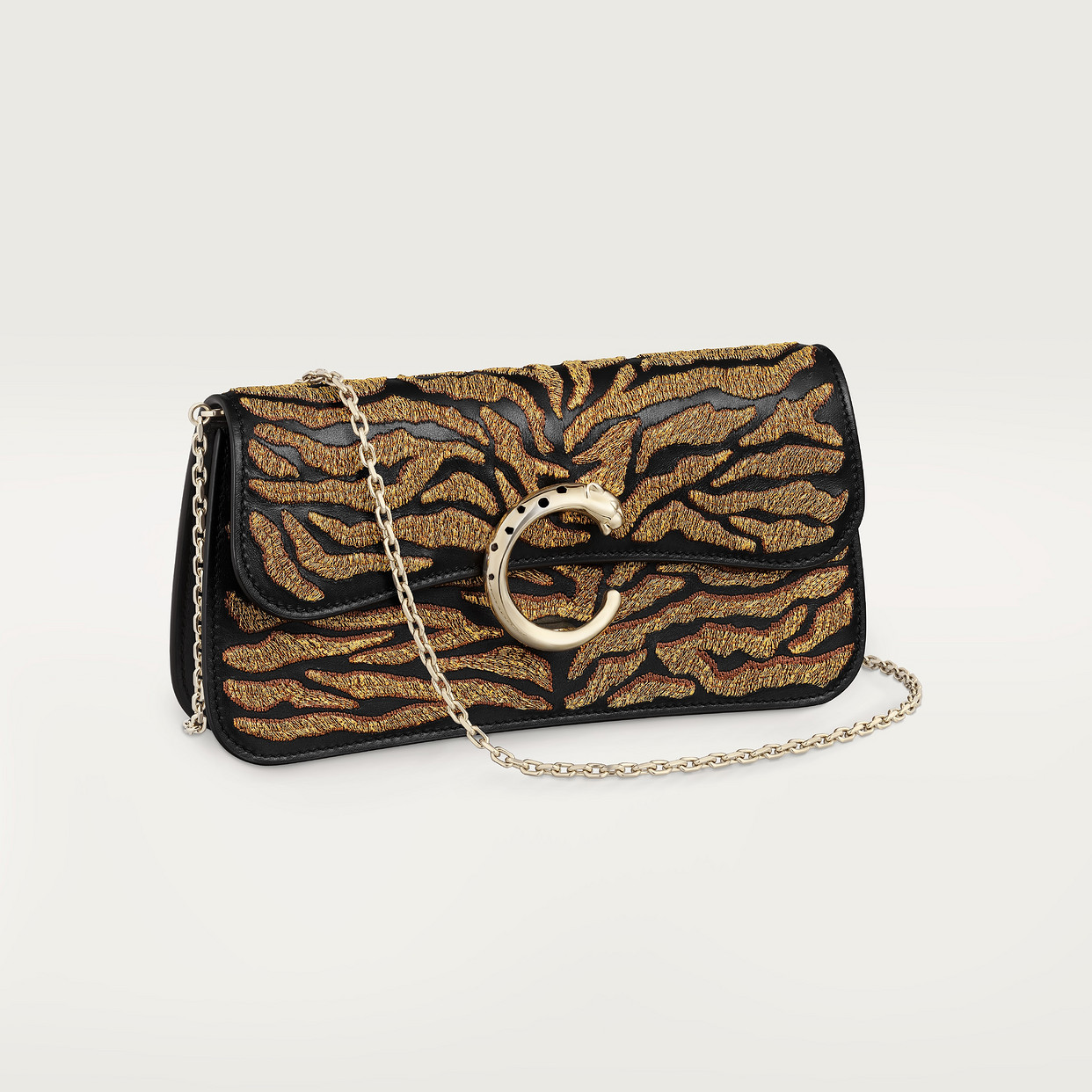 

Вечерняя сумка Cartier Sac chaine mini modèle, Panthère C de Cartier, черная телячья кожа и вышивка золотыми нитями с изображением тигра