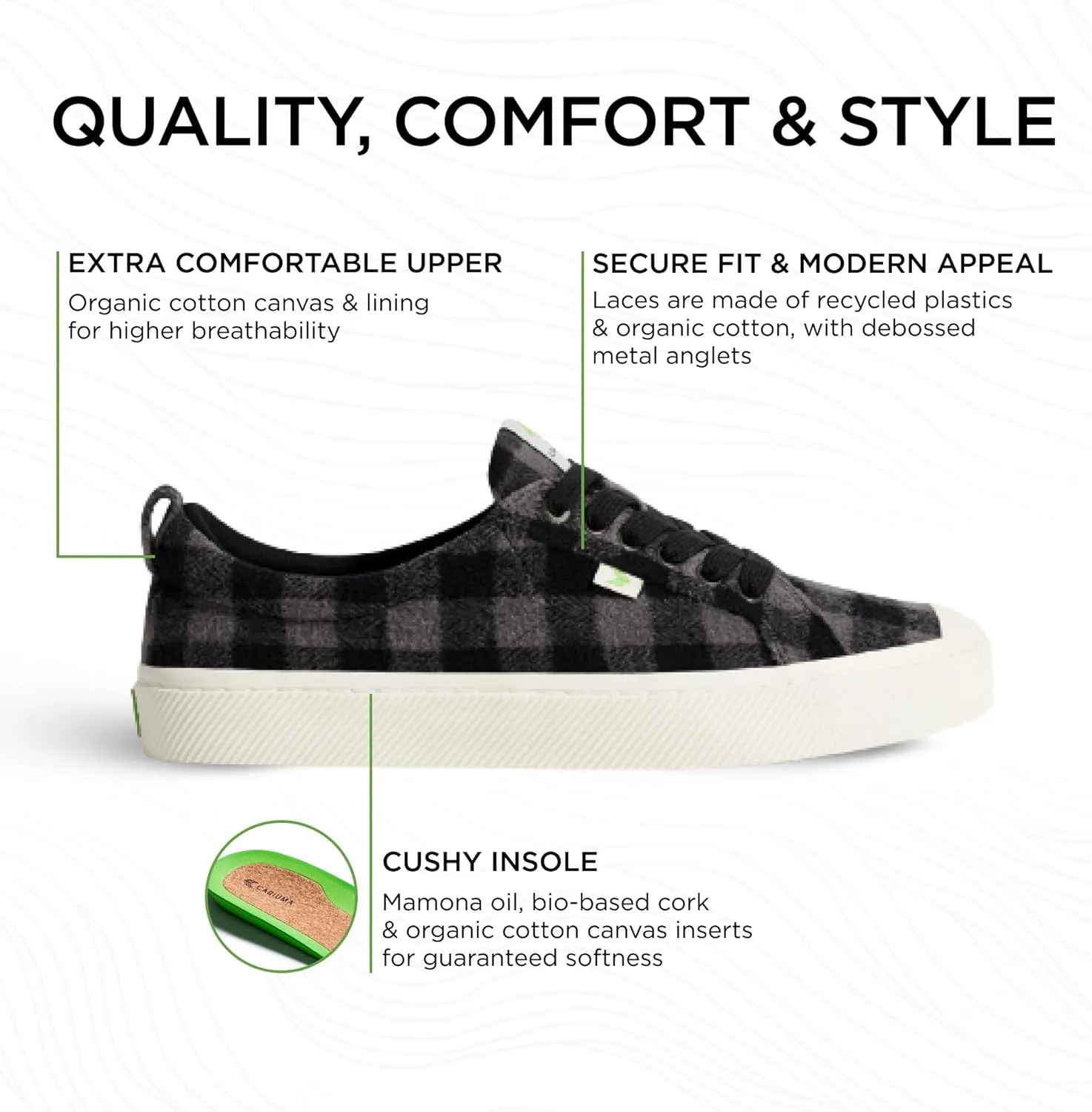 Кроссовки Cariuma OCA Low Plaid, удобная мужская обувь, легкая и экологичная, универсальная повседневная обувь со 100% веганской стелькой, резиновая подошва, черный — фото 2