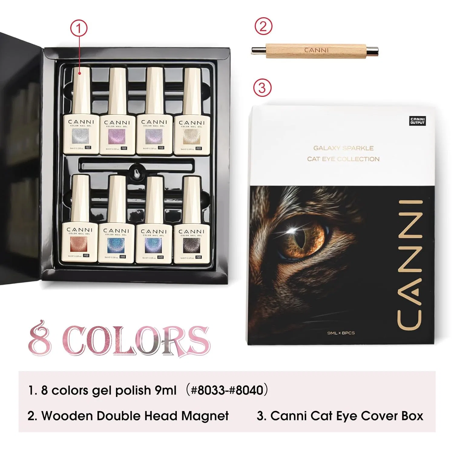 Набор UV-гель-лаков CANNI Cat Eyes Glitter, 8 цветов Canni, Silver, Pink, Gold, Red, Blue, Black — фото 3