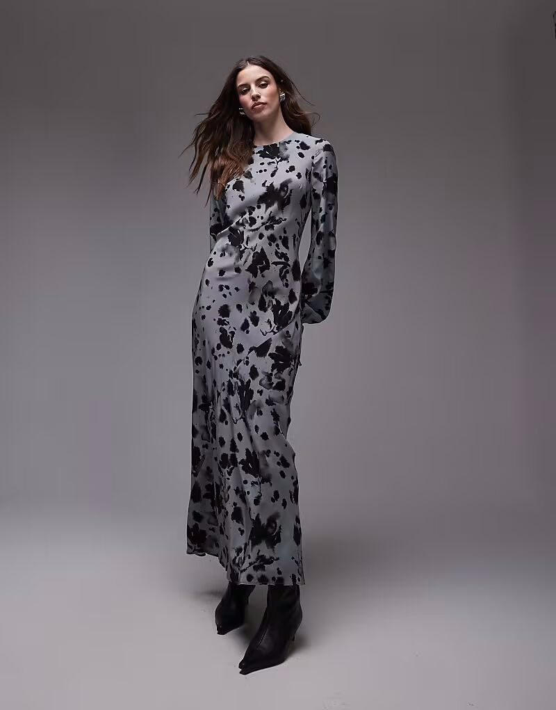 

Платье макси Topshop с рукавами-фонариками и серым абстрактным цветочным принтом