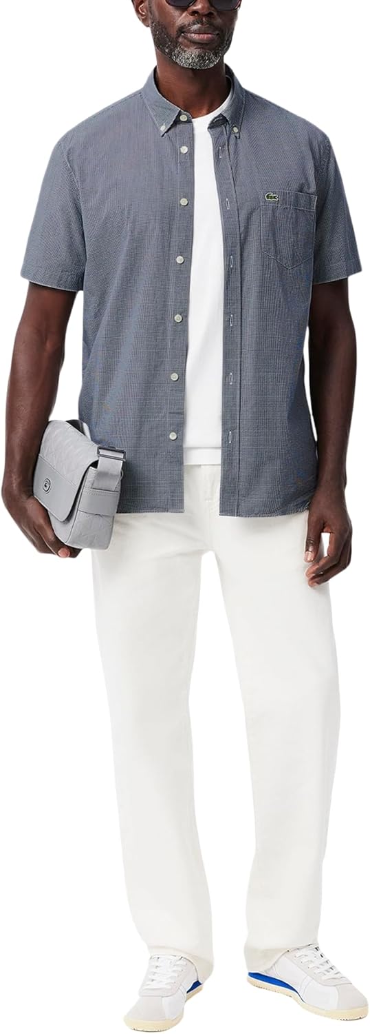 Lacoste мужская рубашка с коротким рукавом, клетка, regular fit, из коллекции Core Collection, White/Navy Blue Gingham — фото 4