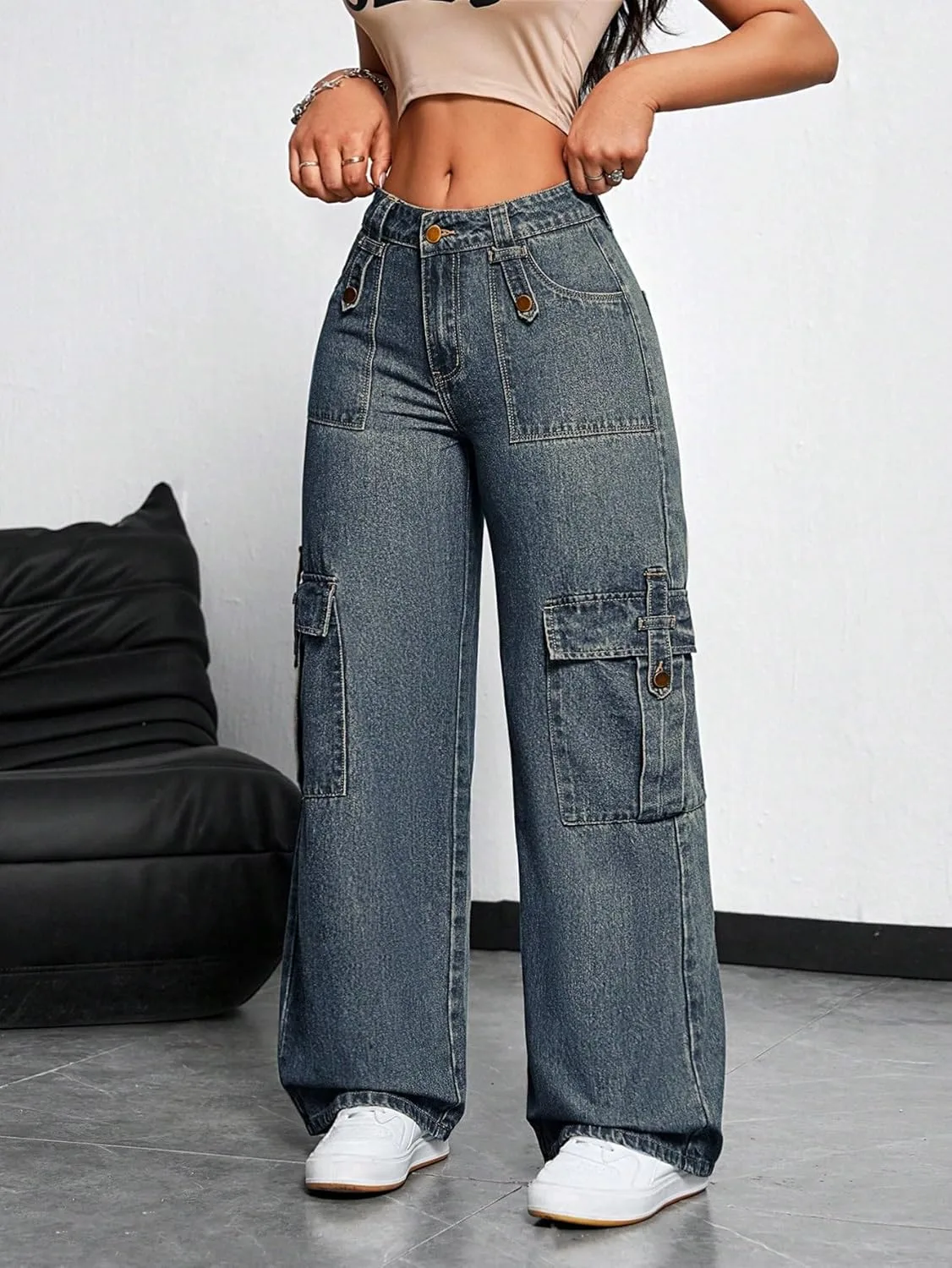 Женские классические джинсы Casual Long Denim с молнией и карго-карманами Generic, синий — фото 2