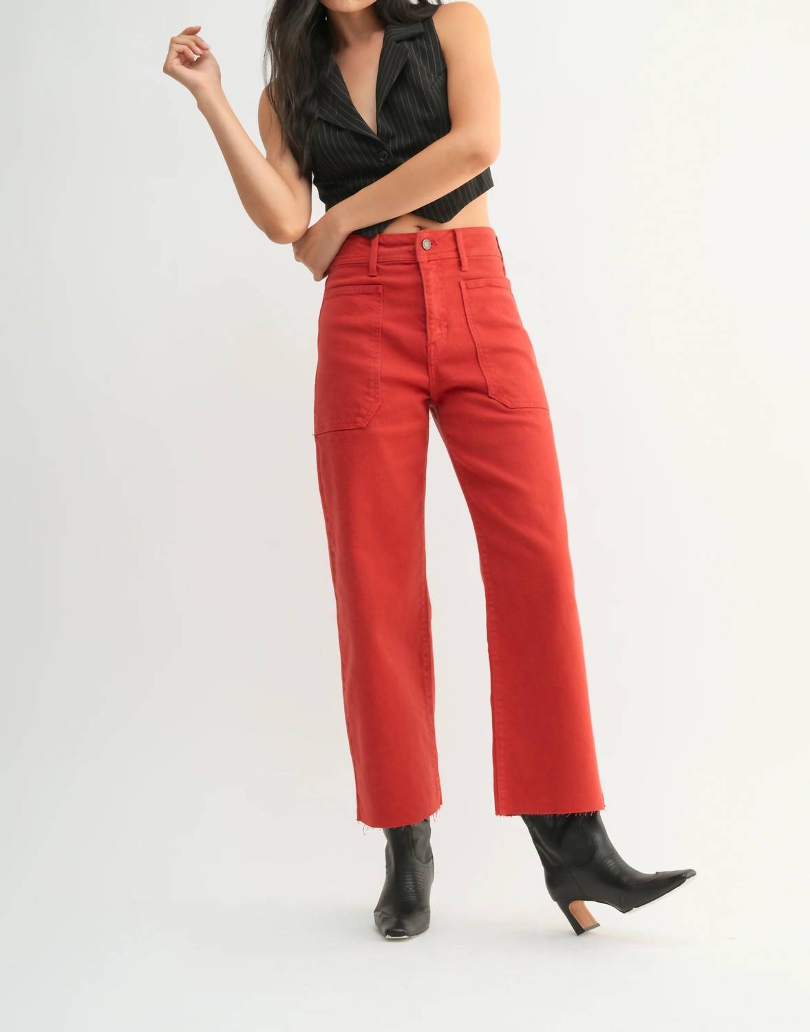 

Высокие утилитарные брюки-клеш в цвете клюквы JUST BLACK DENIM, Cranberry