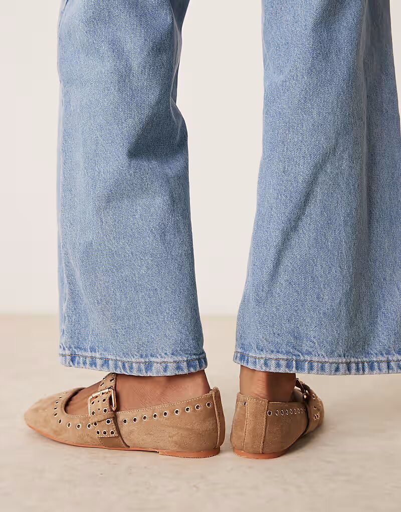 Балетки Мэри Джейн с люверсами ASOS DESIGN Larson из серо-коричневой замши — фото 4