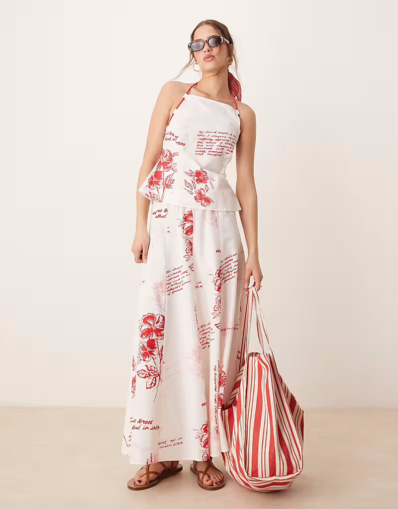 

Юбка макси ASOS DESIGN с завязками на талии и красным принтом