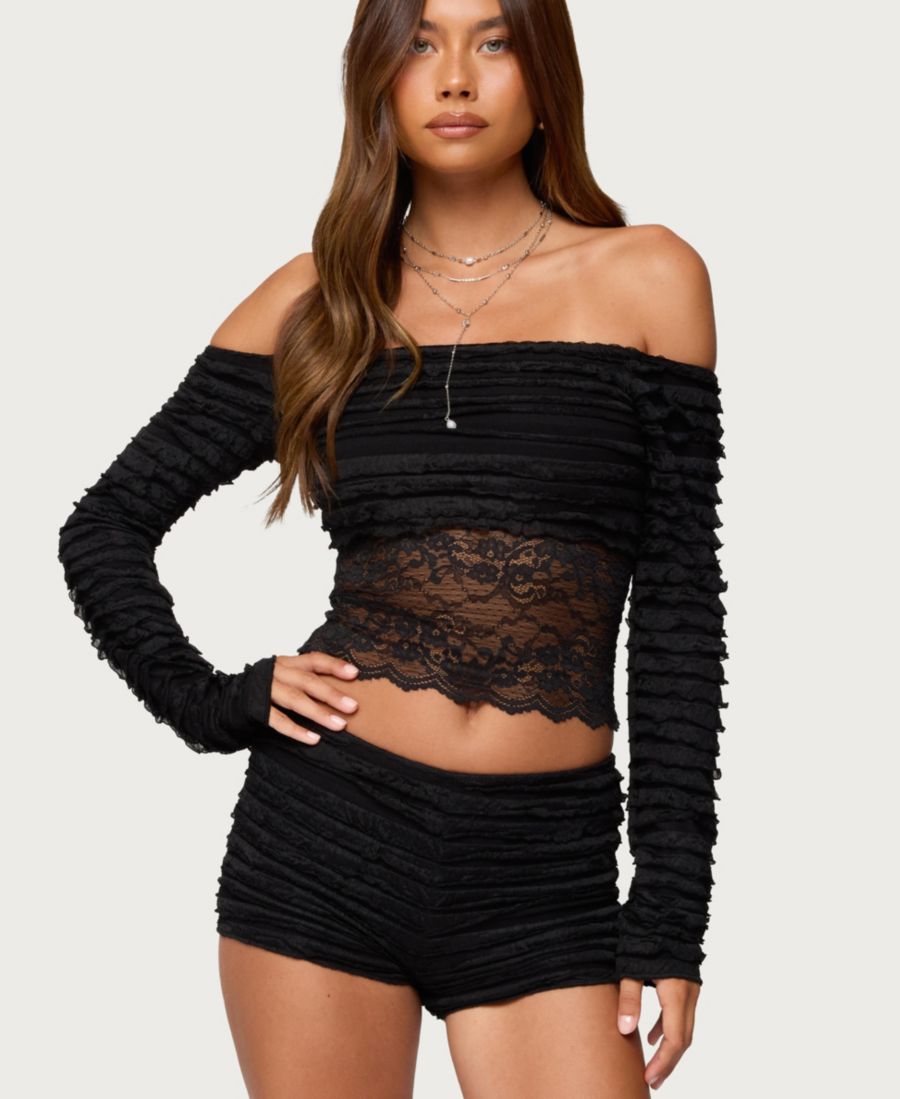 

Женская блузка Tauri Lacey с оборками и открытыми плечами Edikted, Black