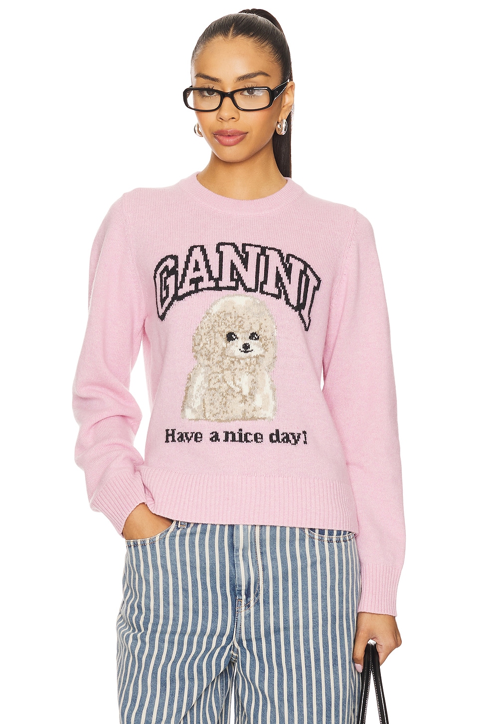 

Шерстяная свитер с принтом в смешанной технике Ganni, chalk pink