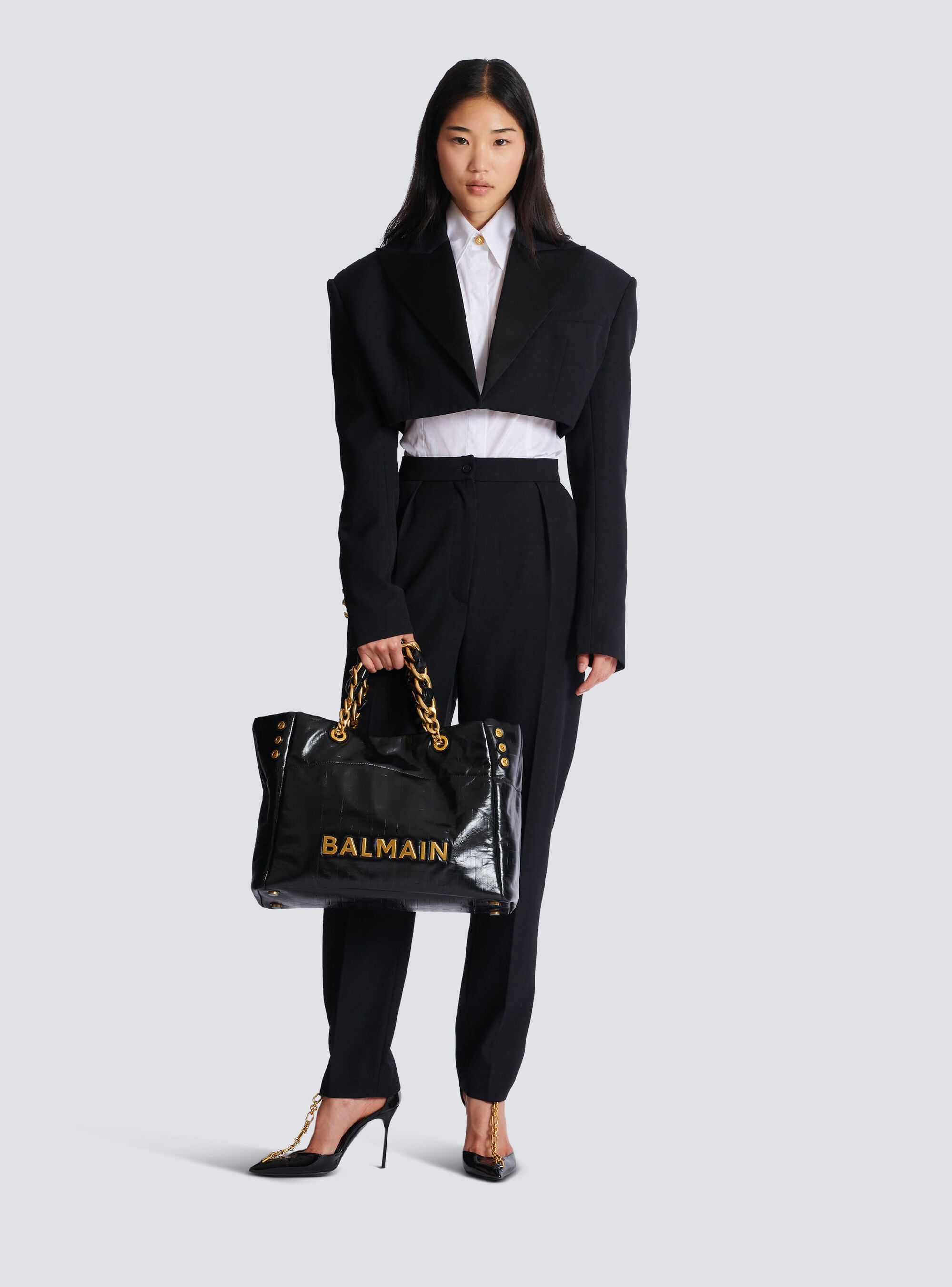 Сумка-тоут 1945 из мягкой кожи с эффектом потрескавшейся поверхности Balmain, черный — фото 2