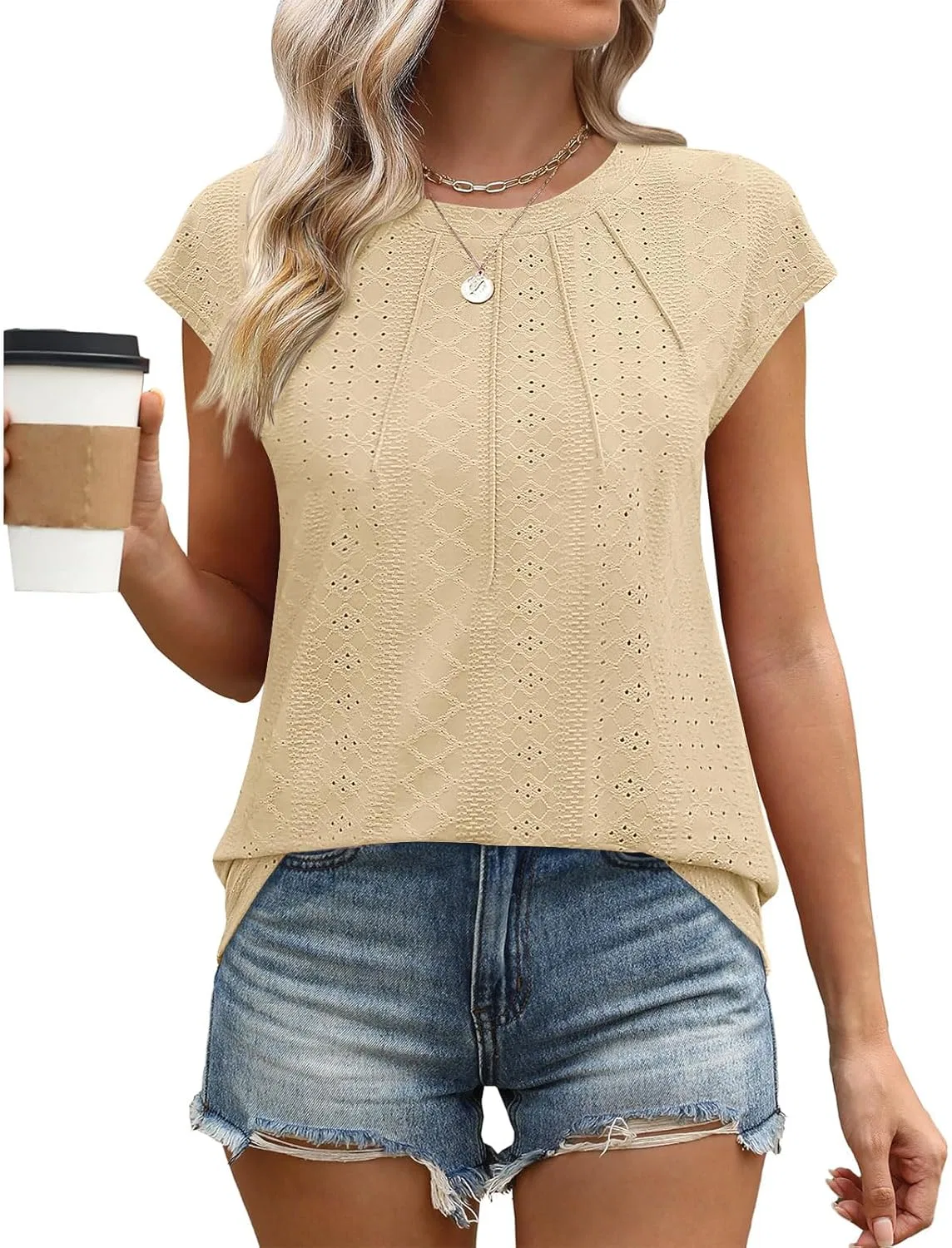 Блуза с коротким рукавом, вышивка, женская, D002-beige