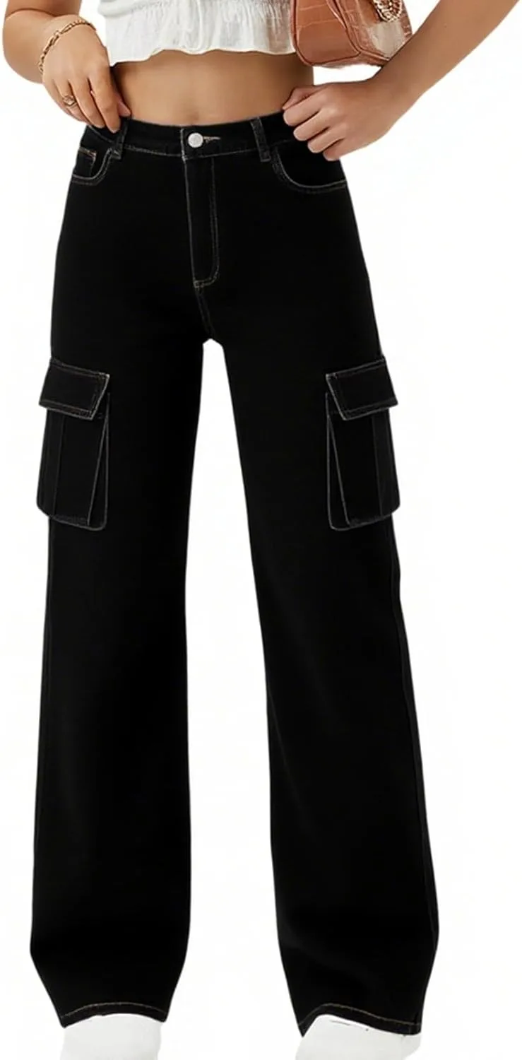 

Плюс сайз багги карго джинсы для женщин с высокой талией и карманами QERINTE