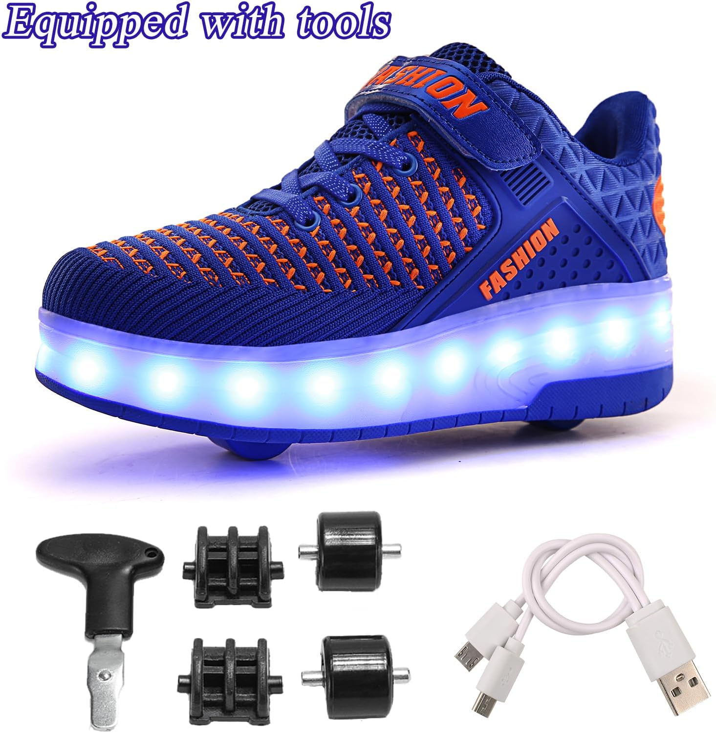Детские роликовые кроссовки Aikuass с USB-подзарядкой и светящейся LED-подсветкой для мальчиков и девочек, синий — фото 4