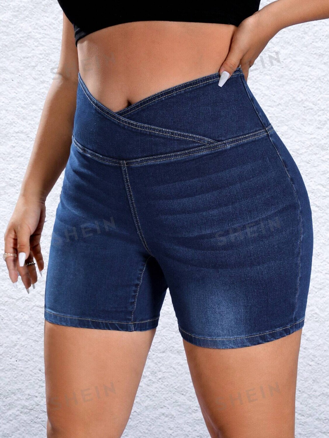 

EZwear Plus Джинсовые шорты, круглая талия Shein, тёмно-синий