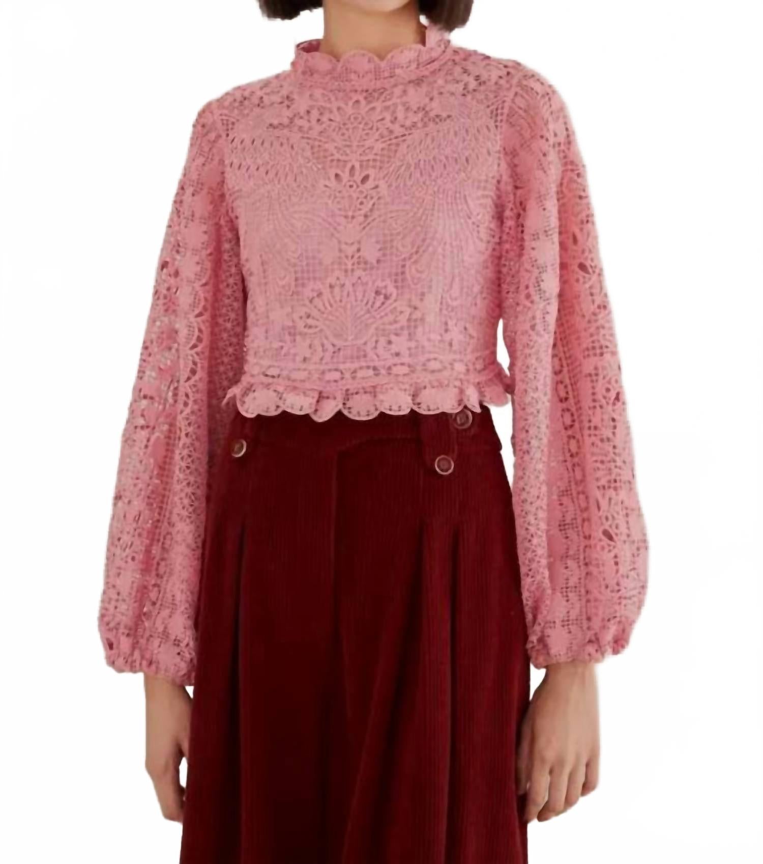 

FARM Rio Гипюровая блузка с длинными рукавами, нежно-розового цвета