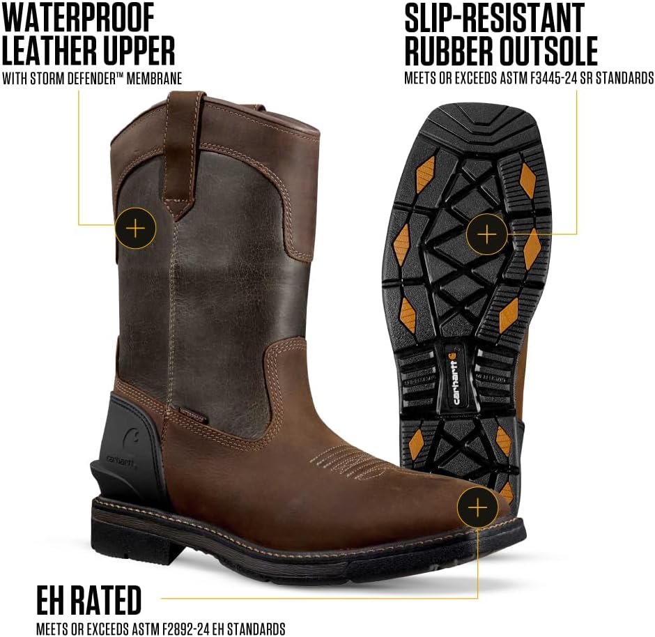 Carhartt мужские промышленные ботинки Montana Square Toe Wellington 11" Waterproof Pull-on, Brown/Burnt Olive - 7.5 M — фото 3
