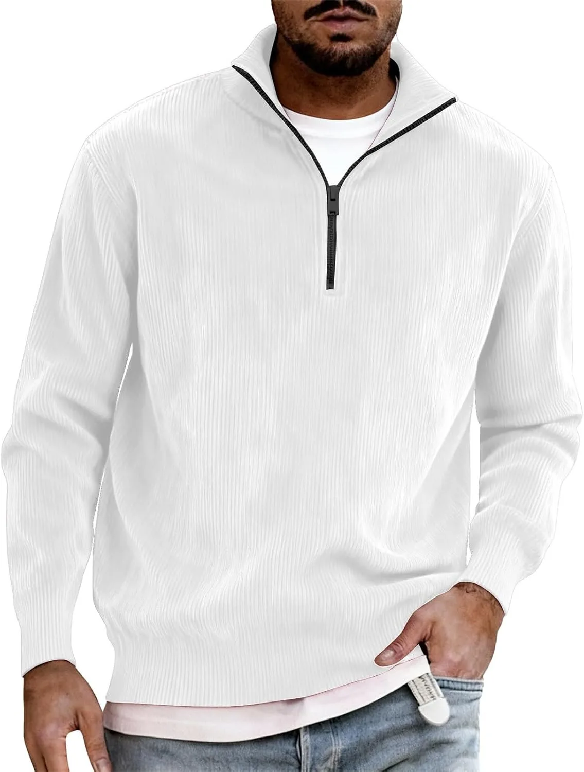 

Мужской пуловер на четверть молнии из вельвета — Slim Fit, легкий трикотаж