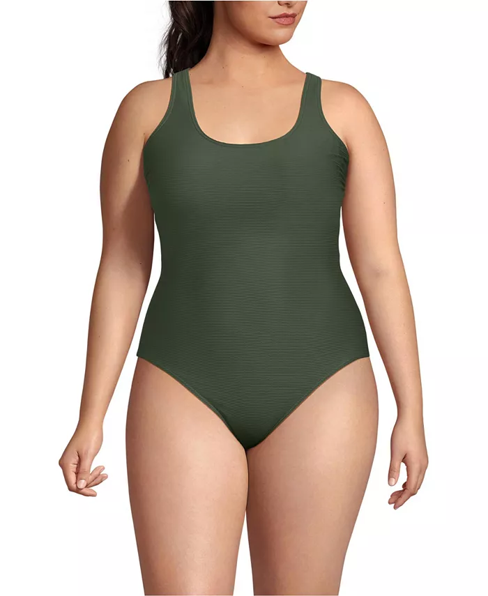 

Купальник цельнокроеный Plus Size Tugless Ribbed X-Back без швов с ребристым узором и перекрестными бретелями на спине Lands' End, зеленый