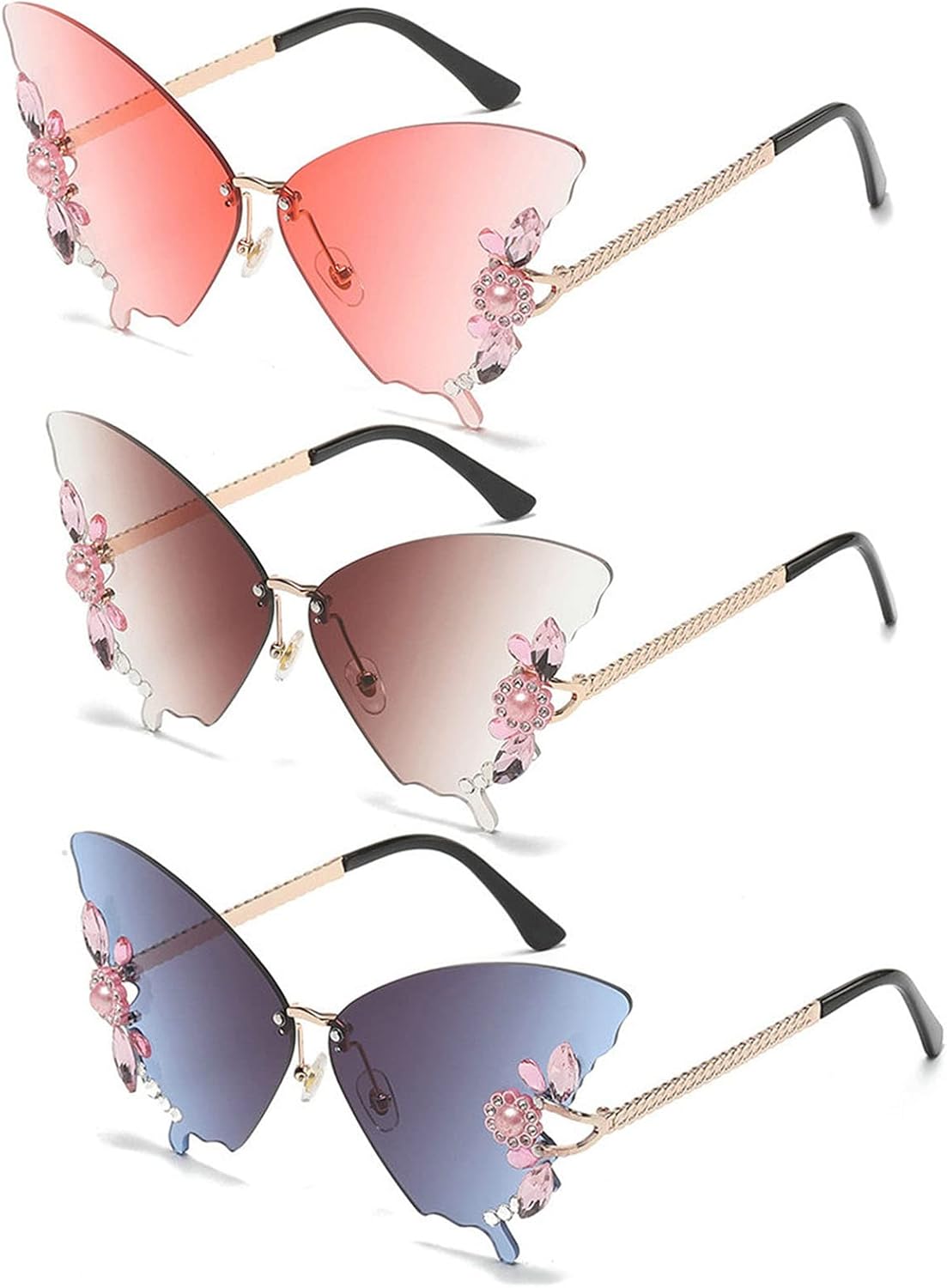 

Willochra Женские солнцезащитные очки без оправы Модные солнцезащитные очки с бабочками и бриллиантами Многоугольная безрамочная модель Солнцезащитные очки для вечеринок Защита от УФ-излучения, 3pcs-black&brown&pink