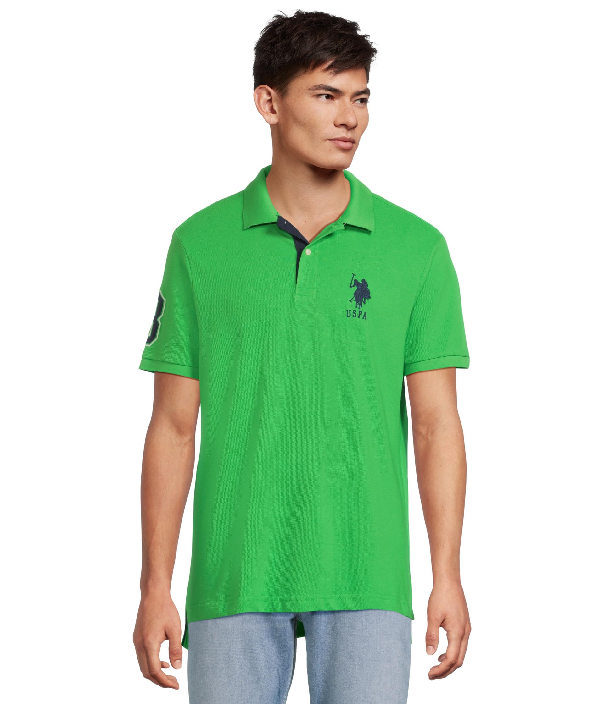 

Поло U.S. POLO ASSN. Slim Fit Big Horse Polo With Stripe Collar, Green LawnSee Less