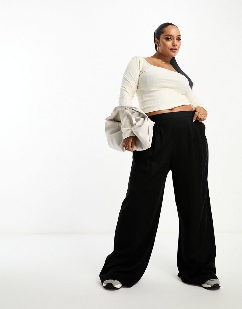 

Черные широкие брюки без застежки спереди ASOS DESIGN Curve