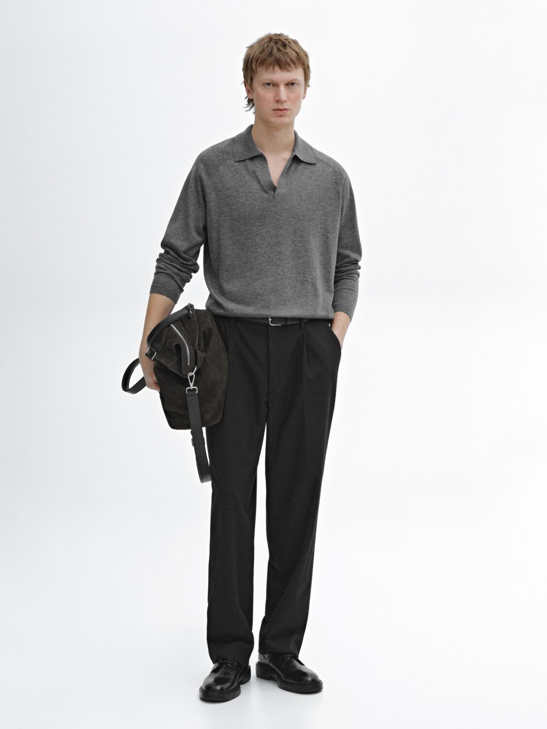 

Свитер из смесовой шерсти с воротником-поло Massimo Dutti, серый