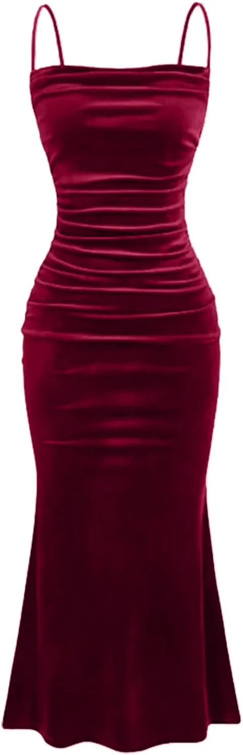Женское длинное платье без рукавов с драпировкой и тонкими бретелями, из бархата, элегантное вечернее платье для вечеринки Generic, Wine