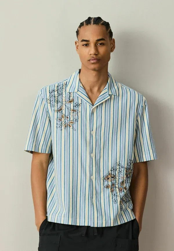 Рубашка Next, Regular fit stripe embroidered short sleeve shirt, сине-желтый цветочный