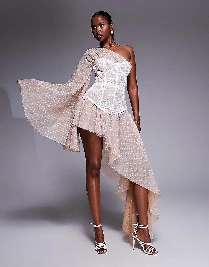 

Асимметричное платье-макси с корсетом из кружева в горошек от The Dolls House Circa Evangeline цвета слоновой кости