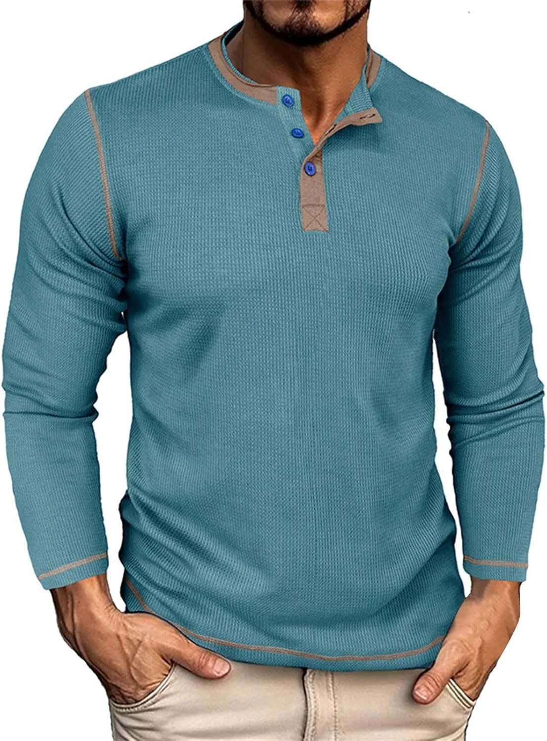 

Футболка-хенли Waffle для мужчин, с длинными рукавами и планкой на пуговицах, легкая классическая модель Slub для летнего повседневного гардероба Likthione