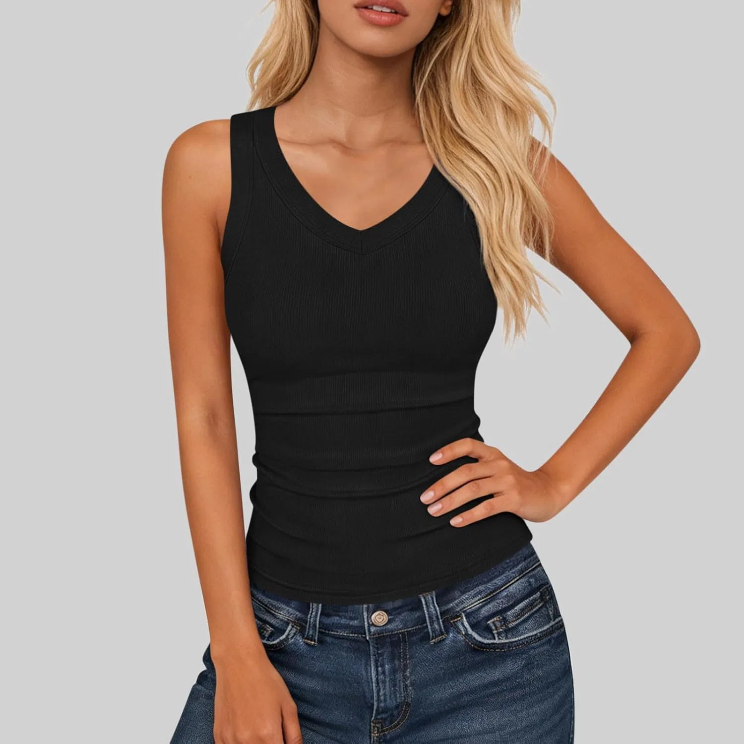 Топ женский с V-образным вырезом и открытой спиной, Ribbed, Black — фото 3