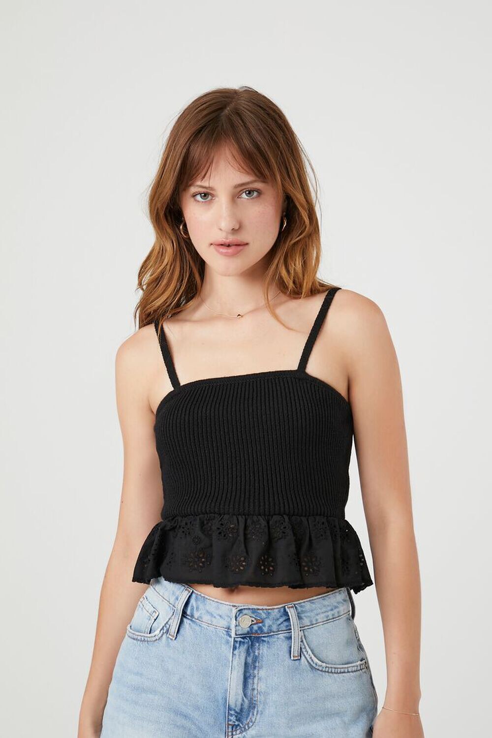 

Свитер-топ с рюшами и люверсами Forever 21, черный
