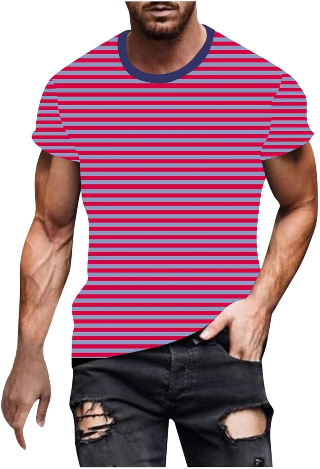 

Мужская футболка с круглым вырезом и полосками, Casual, короткий рукав QUNPIU