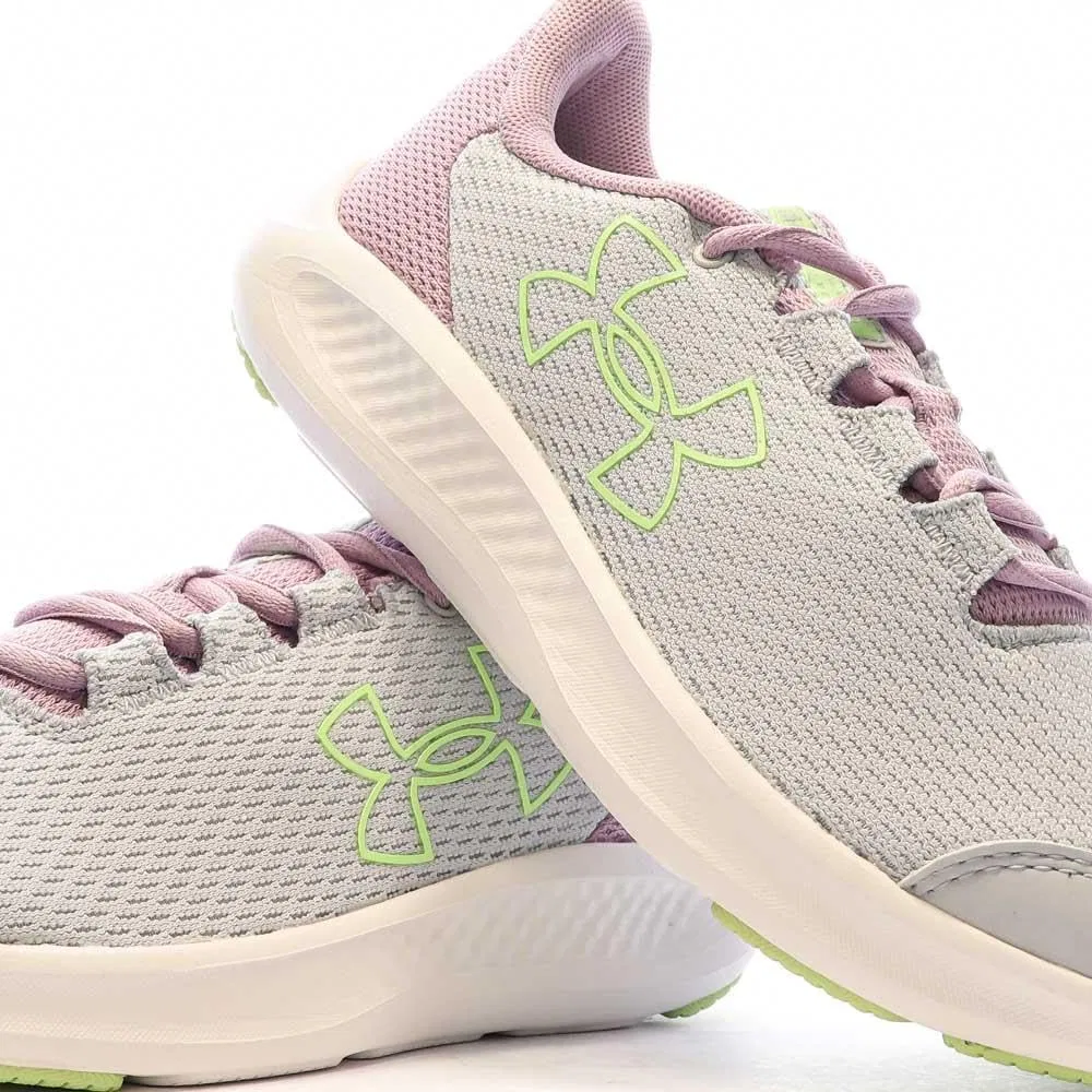 Кроссовки Under Armour Girls' Grade School Pursuit 3 Big Logo для бега в младшей школе, 100 Grey Halo Fresca Orchid Lumos Lime — фото 2