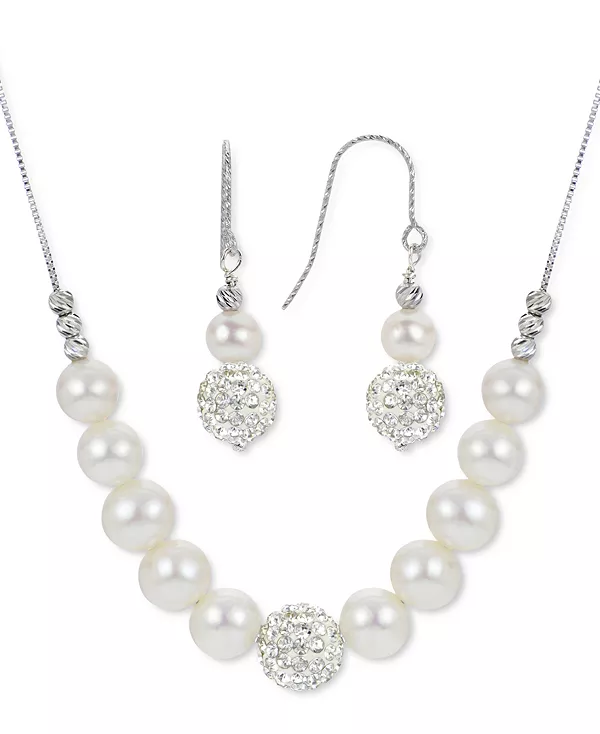 

Комплект из двух предметов: культивированный пресноводный жемчуг (6-8 мм) и кристаллы, эффектное ожерелье и серьги-подвески из стерлингового серебра Macy'S, silver